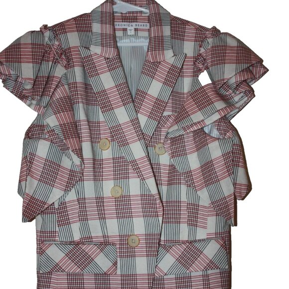 Veronica Beard Rosa Red/White/Black Plaid Ruffle Sleeves Linen Vest Jacket sz 6 - Picture 1 of 2
